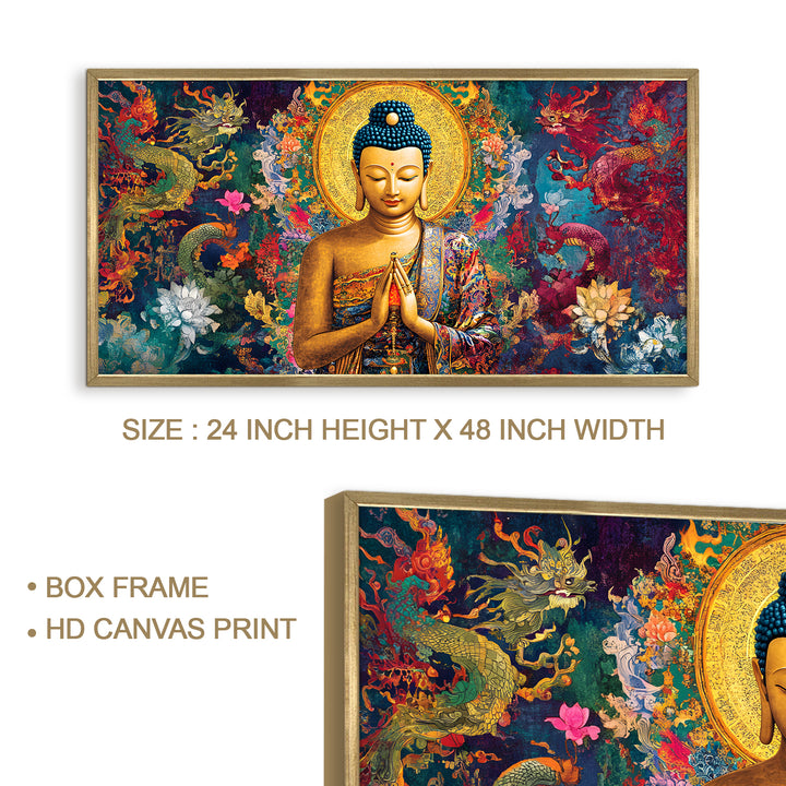 Divine Buddha with Prayer Pose Wall Art, HD Canvas Print, Golden Box Framed, Ready to Hang, (24 In x 48 In) (BDWA29)