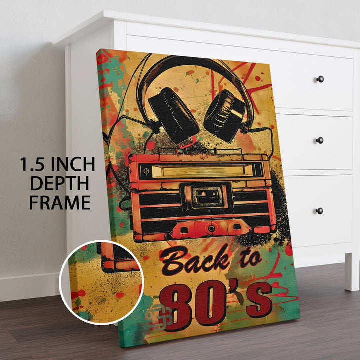 Back to 80’s – Retro Boombox & Headphones Pop Wall Art, HD Canvas Print, Framed, Ready to Hang. (POMWA342)