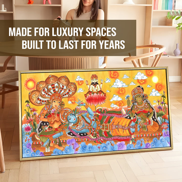 Kerala Mural Wall Art – Vishnu Ananthasayana HD Canvas Print | Painting with Lakshmi & Brahma – Spiritual Home & Temple Decor – Size: 2ft X 4ft (GOLDEN FLOATING FRAME) (KAMUWA04)