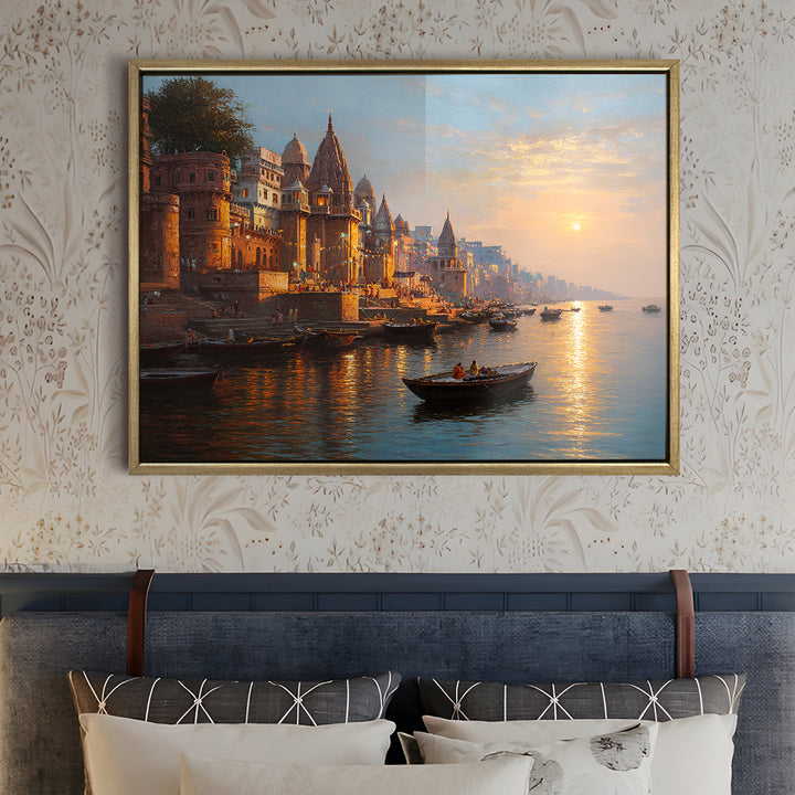 Banaras Ghats Painting Wall Art – Varanasi Riverfront with Golden Floater Frame – HD Print Large Canvas, Ready to Hang, Size: 3X4FT, (BAWA03)