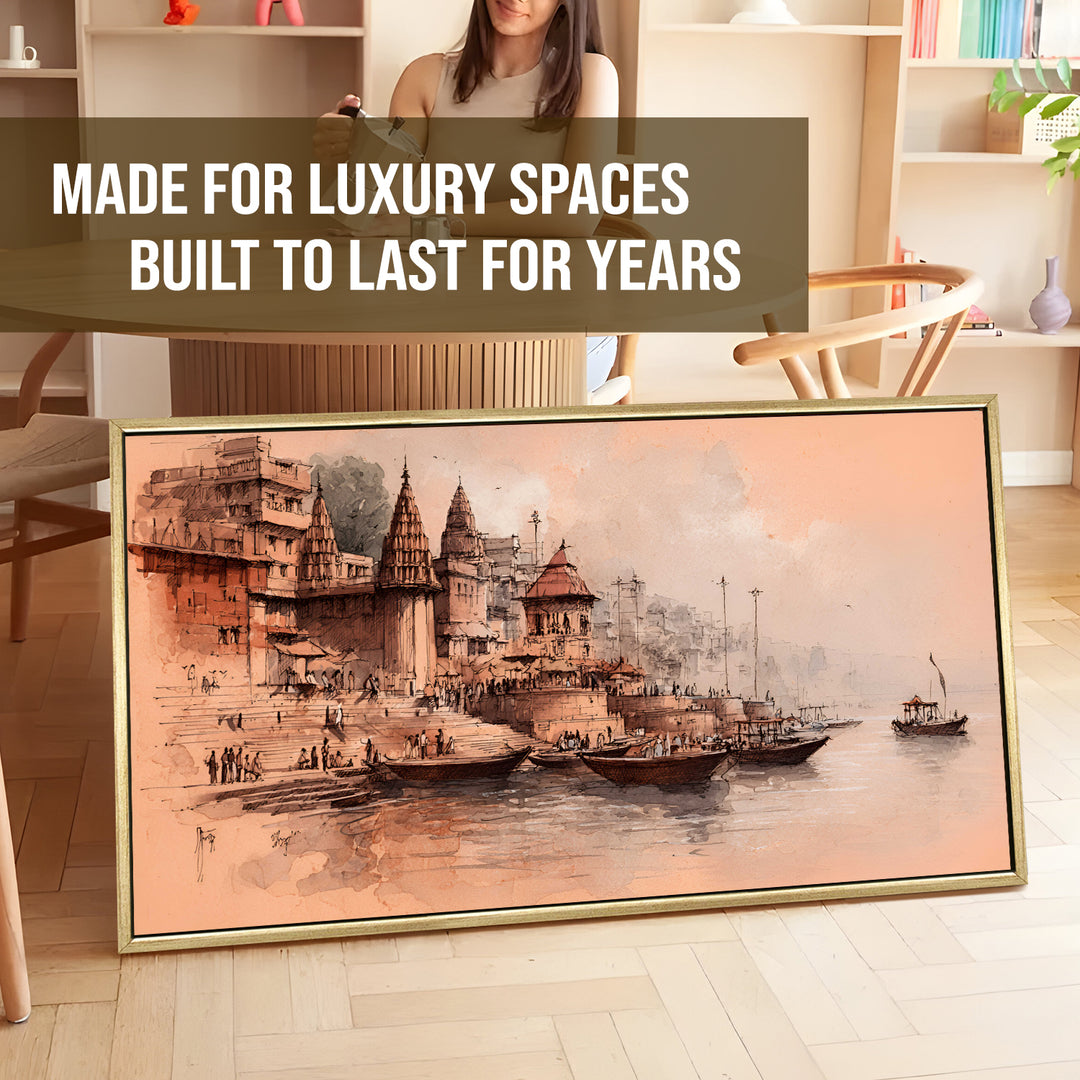 Banaras Ghats Painting Wall Art – Varanasi Riverfront with Golden Floater Frame – HD Print Large Canvas, Ready to Hang, Size: 2X4FT, (BAWA40)