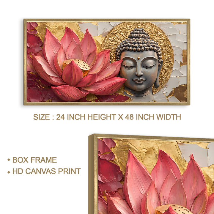 Buddha with Red Lotus Wall Art, HD Canvas Print, Golden Box Framed, Ready to Hang, (24 In x 48 In) (BDWA30)