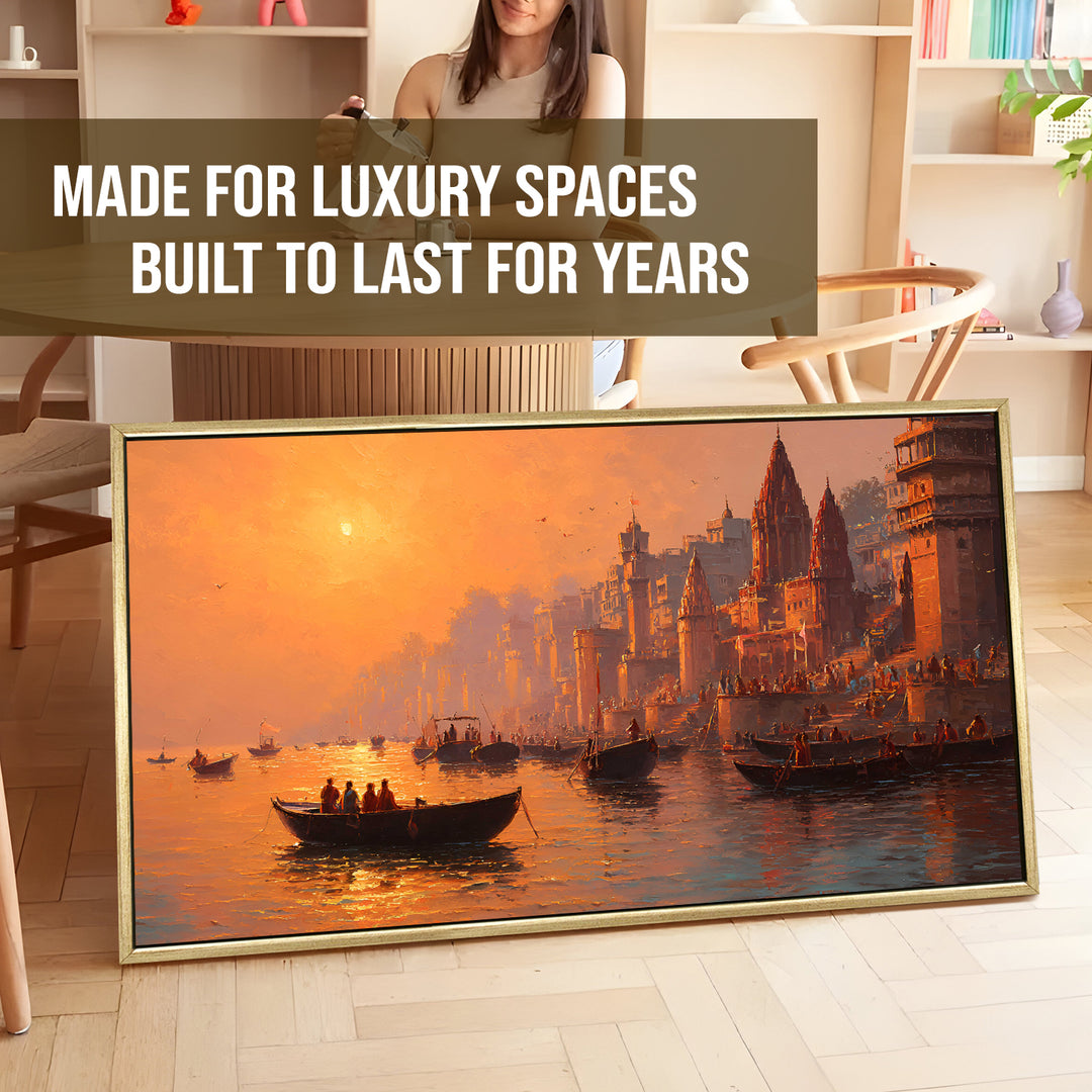 Banaras Ghats Painting Wall Art – Varanasi Riverfront with Golden Floater Frame – HD Print Large Canvas, Ready to Hang, Size: 2X4FT, (BAWA34)