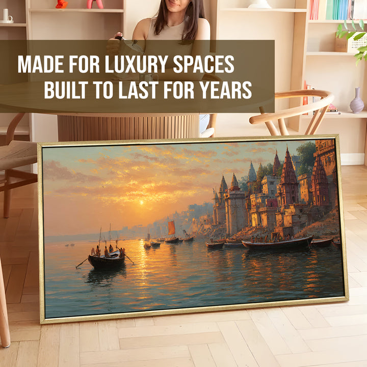 Banaras Ghats Painting Wall Art – Varanasi Riverfront with Golden Floater Frame – HD Print Large Canvas, Ready to Hang, Size: 2X4FT, (BAWA35)
