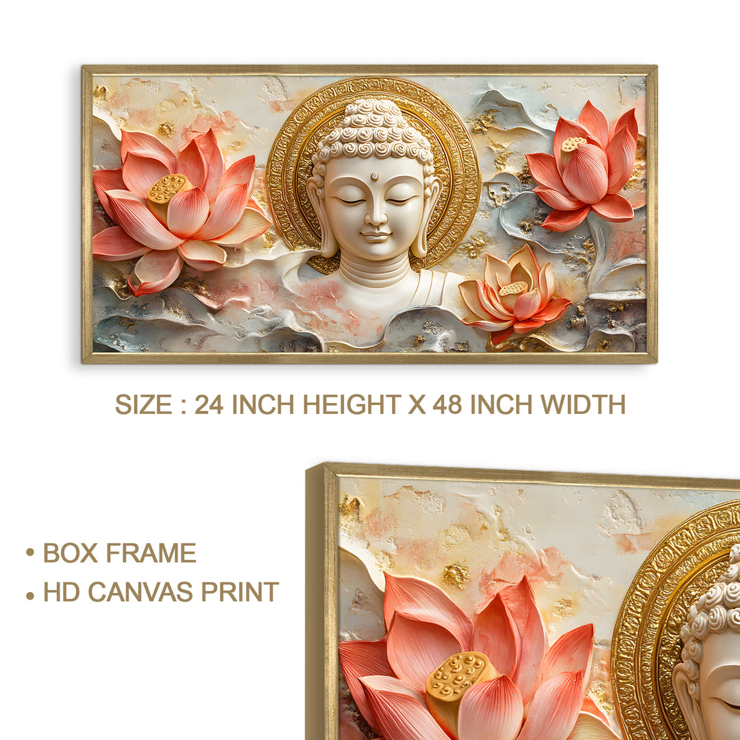 Serene Buddha & Red Lotus Wall Art, HD Canvas Print, Golden Box Framed, Ready to Hang, (24 In x 48 In) (BDWA28)