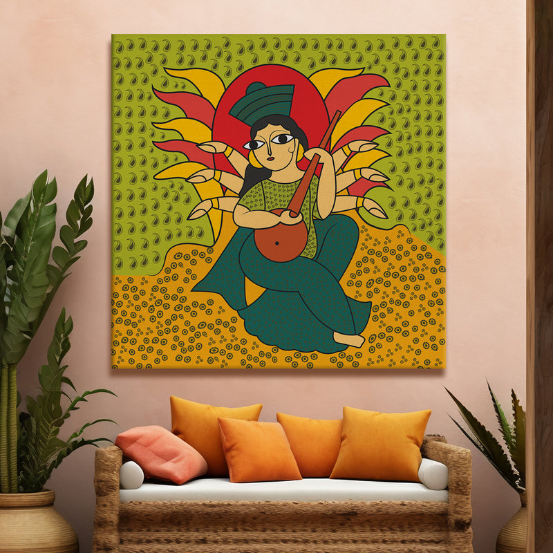 Indian Kalighat Wall Art Large Size Canvas Painting For Home Decor Ready To Hang Art