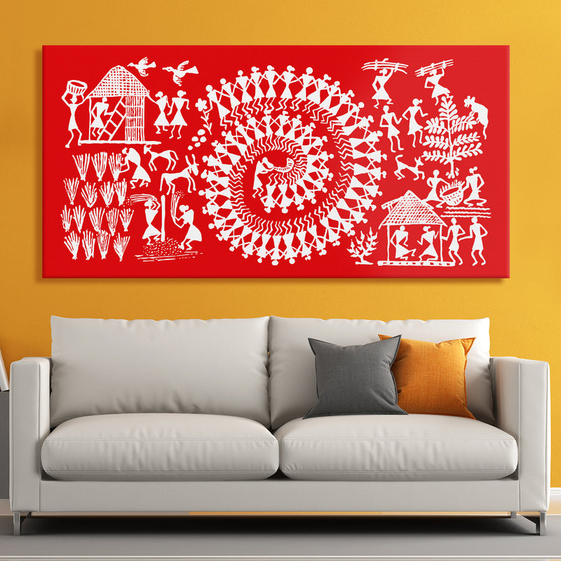 Ethnic Warli Wall Art Large Size Canvas Painting For Home and Hotels Wall Decoration