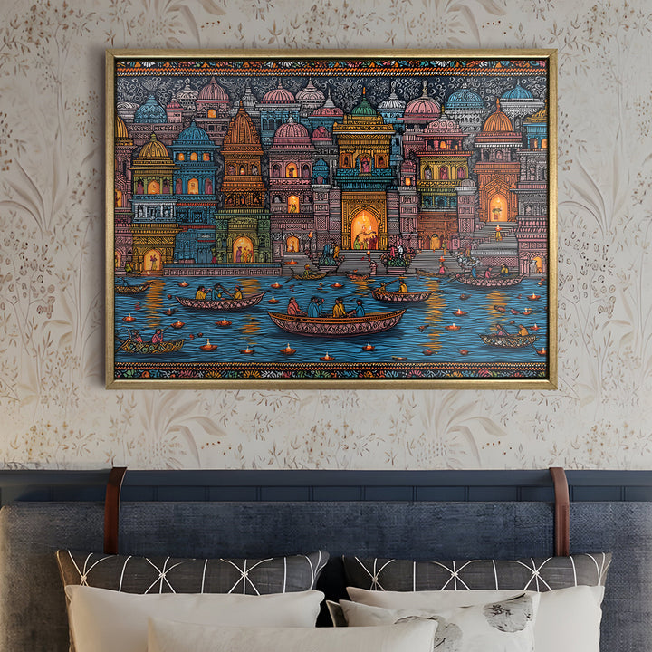 Banaras Ghats Painting Wall Art – Varanasi Riverfront with Golden Floater Frame – HD Print Large Canvas, Ready to Hang, Size: 3X4FT, (BAWA21)