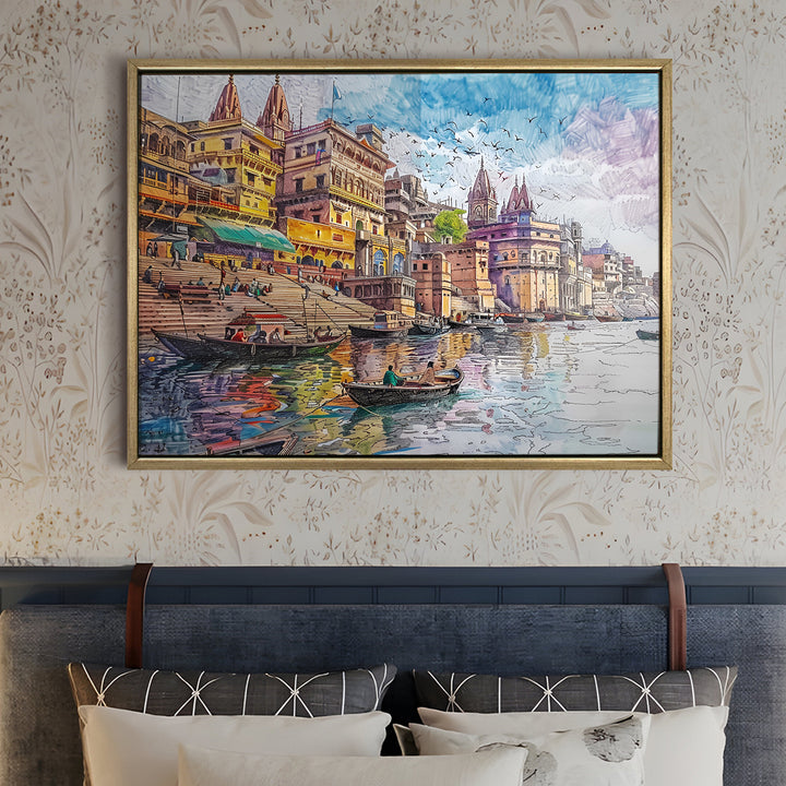 Banaras Ghats Painting Wall Art – Varanasi Riverfront with Golden Floater Frame – HD Print Large Canvas, Ready to Hang, Size: 3X4FT, (BAWA02).