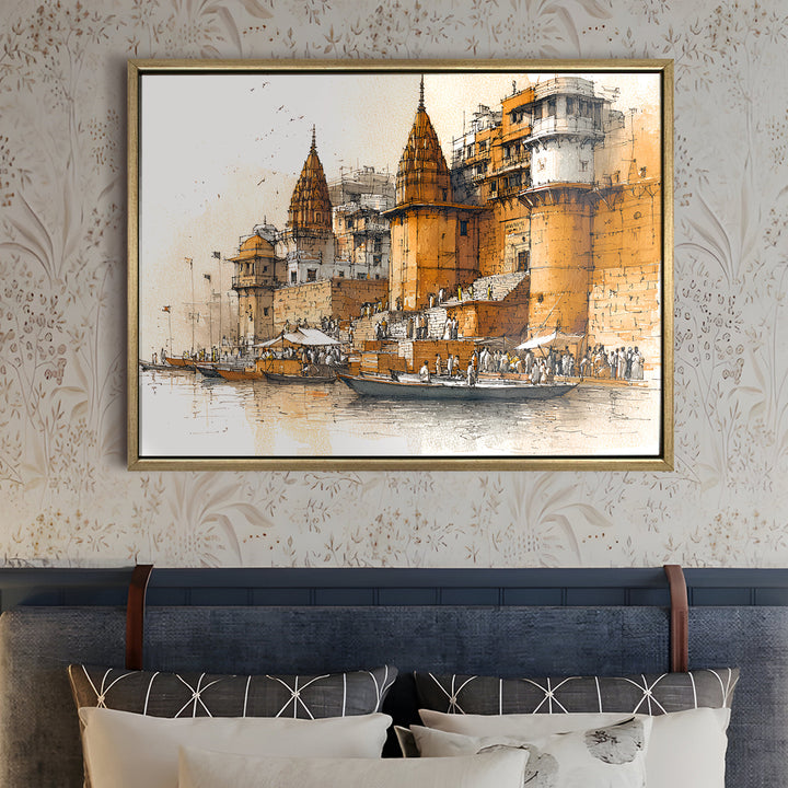 Banaras Ghats Painting Wall Art – Varanasi Riverfront with Golden Floater Frame – HD Print Large Canvas, Ready to Hang, Size: 3X4FT, (BAWA15)