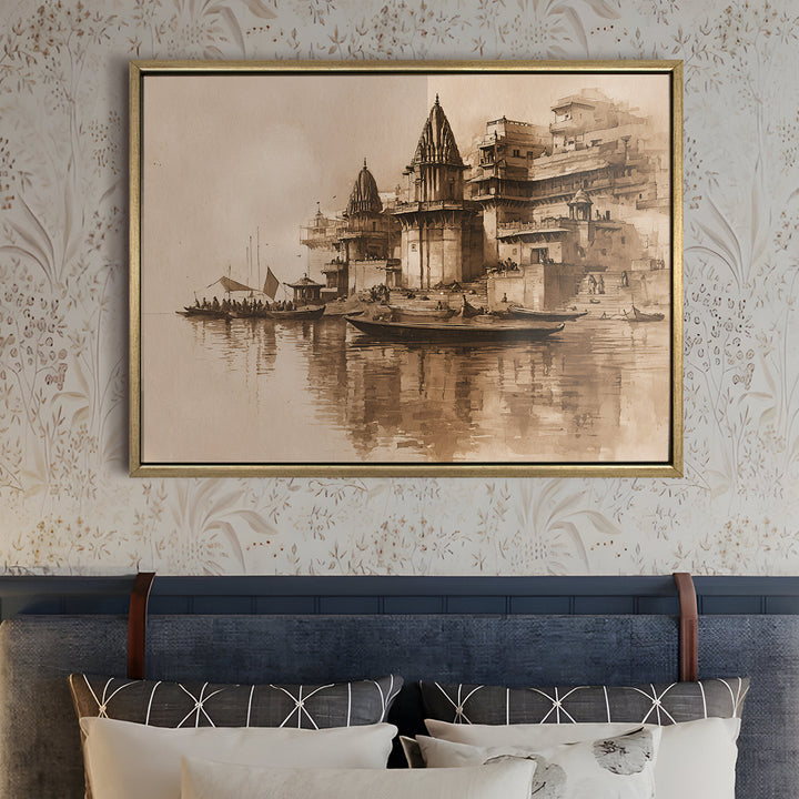 Banaras Ghats Painting Wall Art – Varanasi Riverfront with Golden Floater Frame – HD Print Large Canvas, Ready to Hang, Size: 3X4FT, (BAWA08)