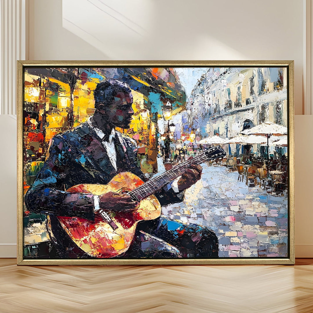 Guitarist performing in a cobbled plaza Wall Art, HD Canvas Print, Golden Floater Framed, Ready to Hang, (36 In x 48 In) (CITY-WA-05)