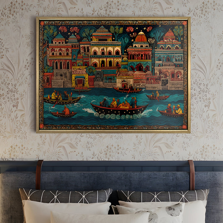 Banaras Ghats Painting Wall Art – Varanasi Riverfront with Golden Floater Frame – HD Print Large Canvas, Ready to Hang, Size: 3X4FT, (BAWA22)