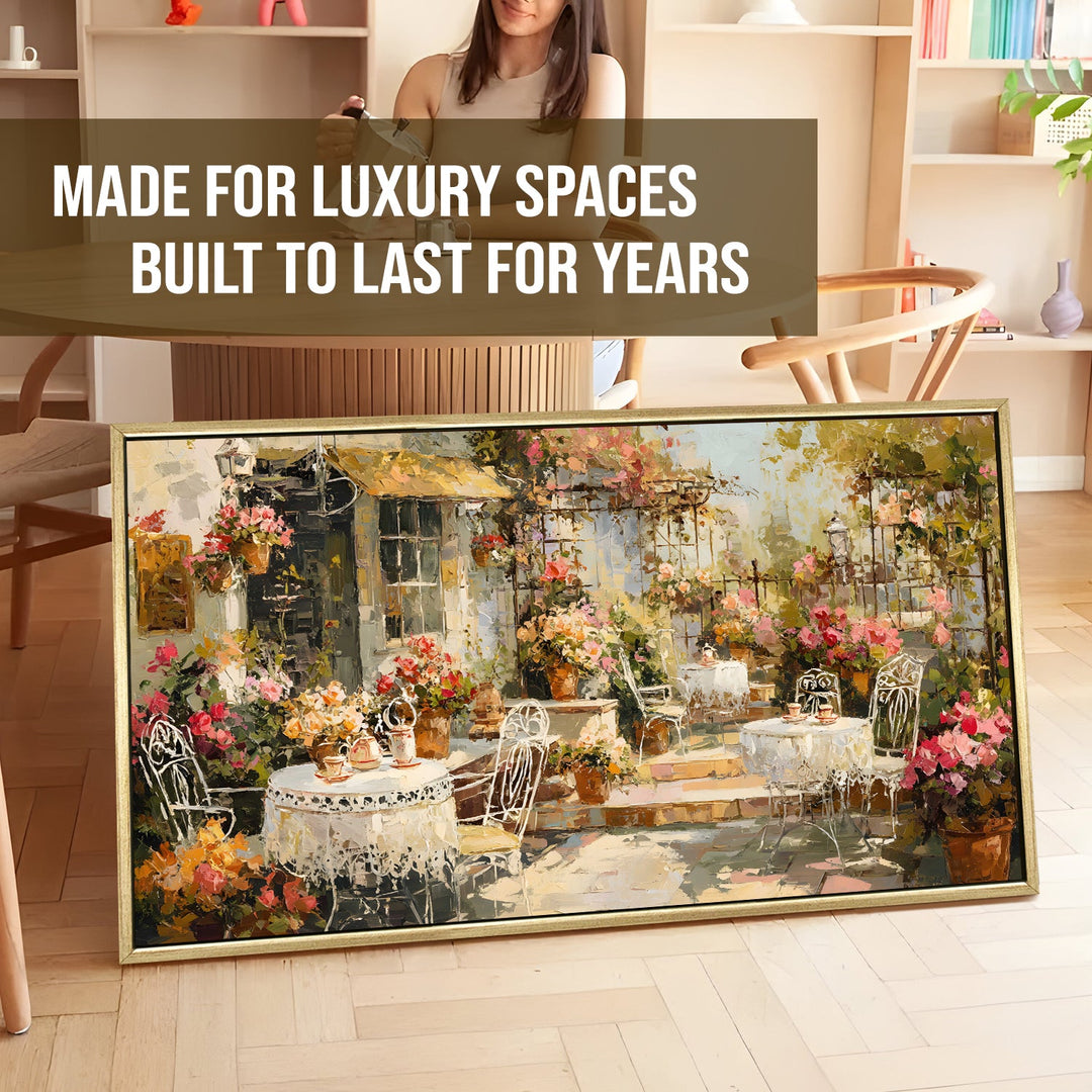 Vintage Café Terrace Wall Art, HD Canvas Print, Golden Floater Framed, Ready to Hang, (24 In x 48 In). (EURP-WA-05)