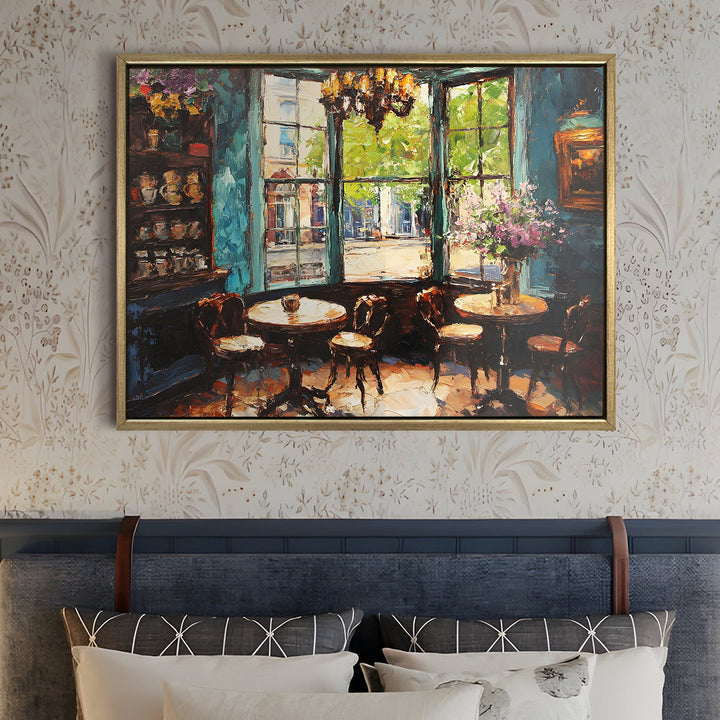 Elegant London tea shop with Victorian windows Wall Art, HD Canvas Print, Golden Floater Framed, Ready to Hang, (36 In x 48 In) (CAFE-WA-16)