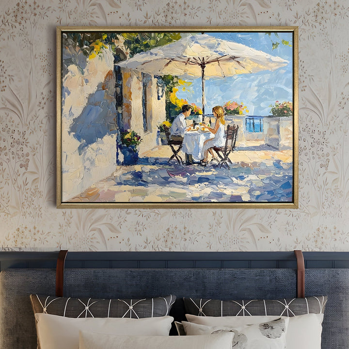 Breezy coastal breakfast café in Monaco Wall Art, HD Canvas Print, Golden Floater Framed, Ready to Hang, (36 In x 48 In) (CAFE-WA-09)