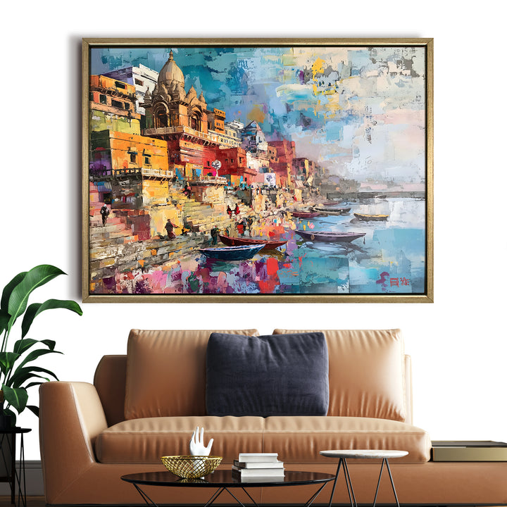 Banaras Ghats Painting Wall Art – Varanasi Riverfront with Golden Floater Frame – HD Print Large Canvas, Ready to Hang, Size: 3X4FT, (BAWA31)