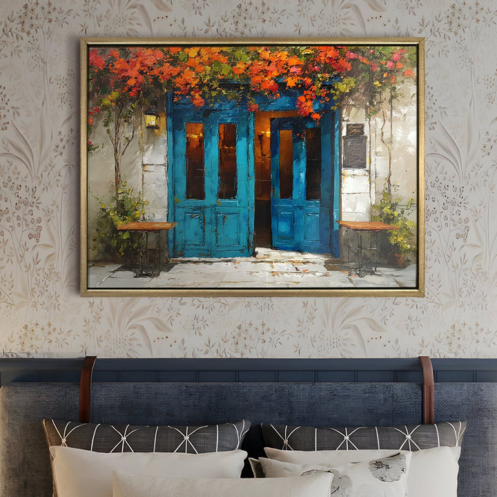 Rustic Greek café with blue doors and hanging vines Wall Art, HD Canvas Print, Golden Floater Framed, Ready to Hang, (36 In x 48 In) (CAFE-WA-15)