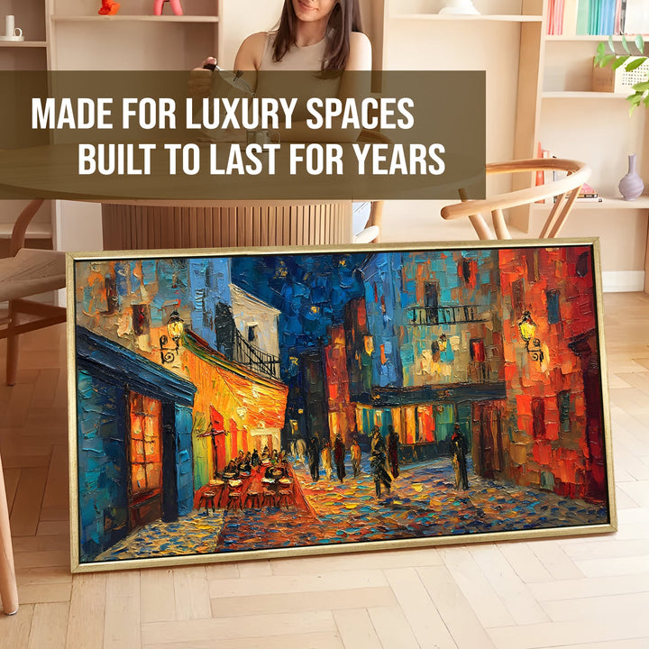 Colorful European Alley at Night – Abstract Wall Art, HD Canvas Print, Golden Floater Framed, Ready to Hang, (24 In x 48 In) (VNG-WA-01)