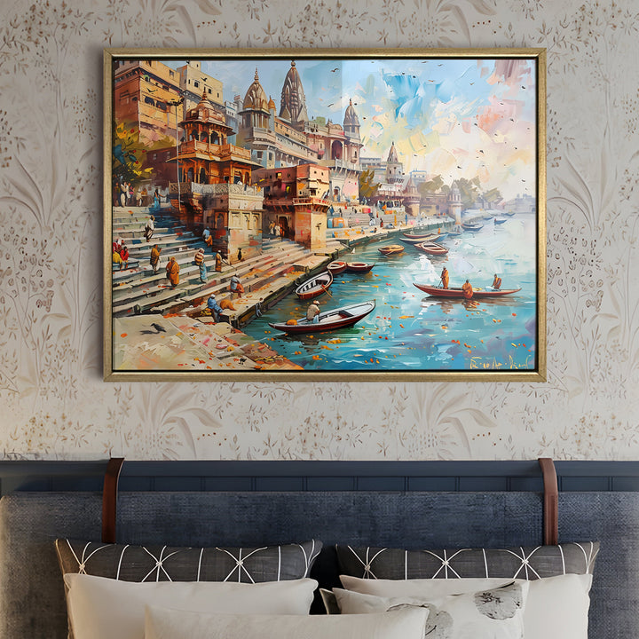 Banaras Ghats Painting Wall Art – Varanasi Riverfront with Golden Floater Frame – HD Print Large Canvas, Ready to Hang, Size: 3X4FT, (BAWA16)