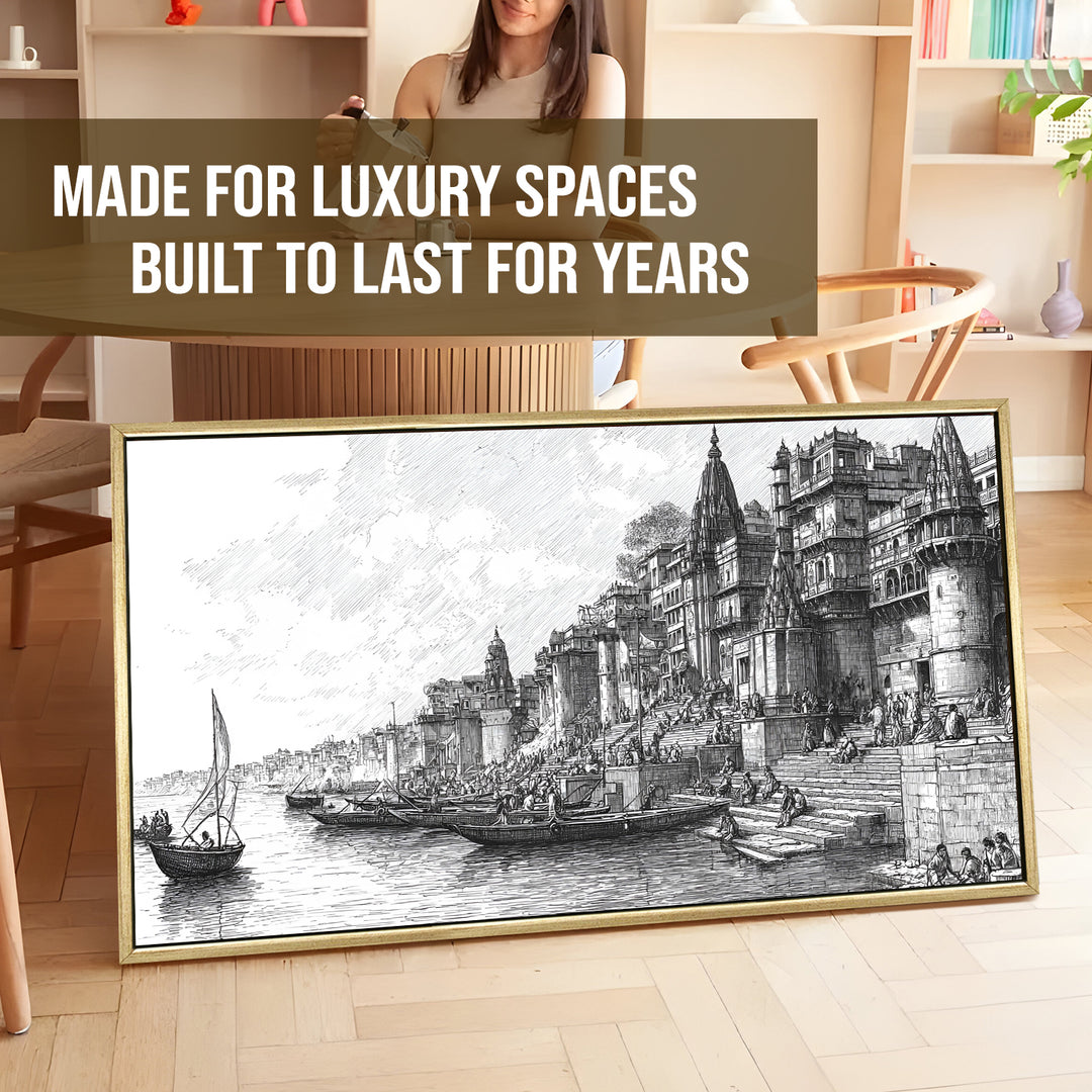Banaras Ghats Painting Wall Art – Varanasi Riverfront with Golden Floater Frame – HD Print Large Canvas, Ready to Hang, Size: 2X4FT, (BAWA38)