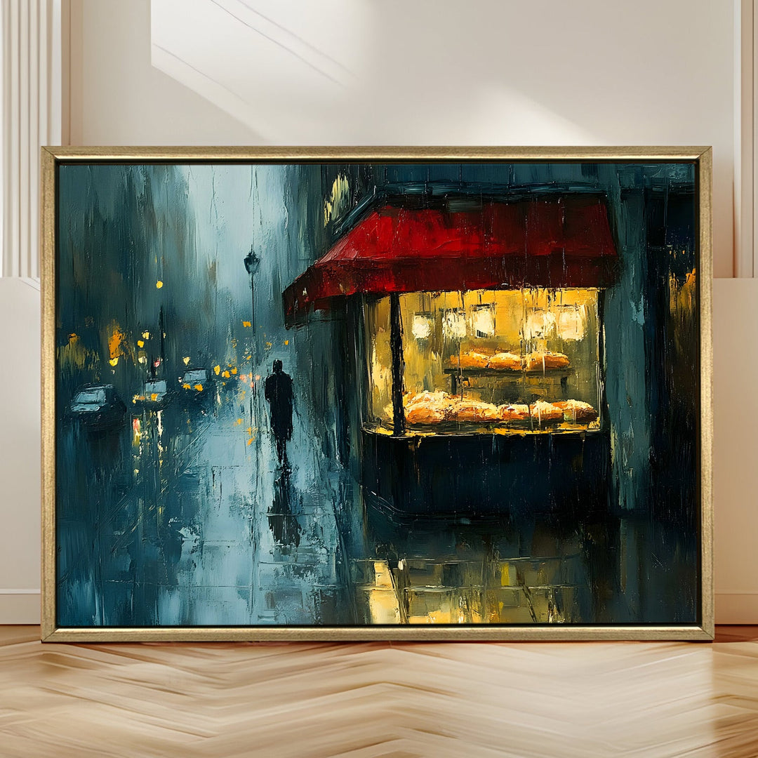 Rain-soaked bakery with reflections on pavement Wall Art, HD Canvas Print, Golden Floater Framed, Ready to Hang, (36 In x 48 In) (CAFE-WA-02)