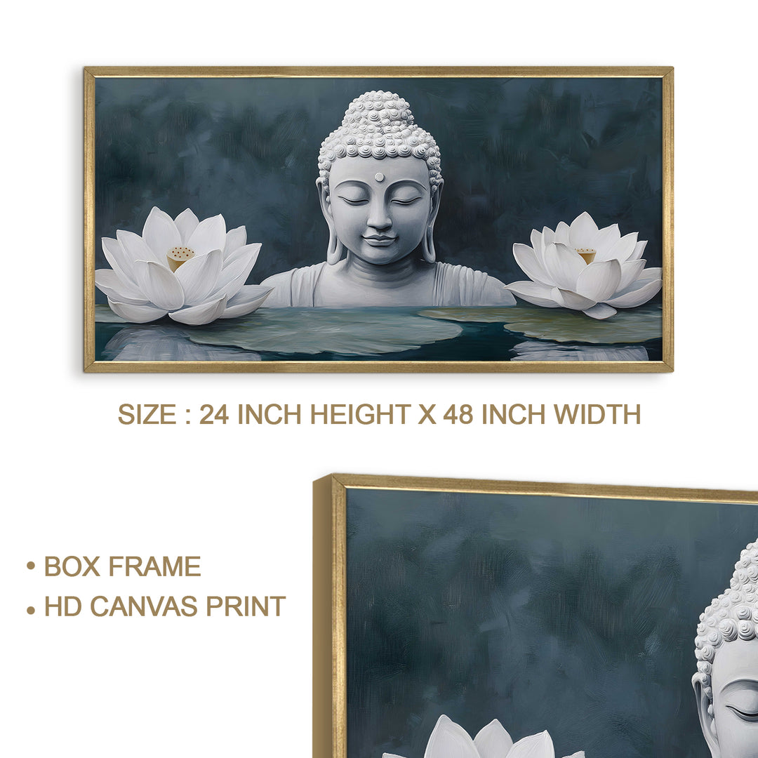Buddha with White Lotus Wall Art, HD Canvas Print, Golden Box Framed, Ready to Hang, (24 In x 48 In) (BDWA33)