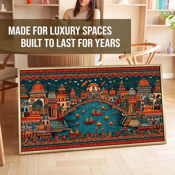 Banaras Ghats Painting Wall Art – Varanasi Riverfront with Golden Floater Frame – HD Print Large Canvas, Ready to Hang, Size: 2X4FT, (BAWA45)