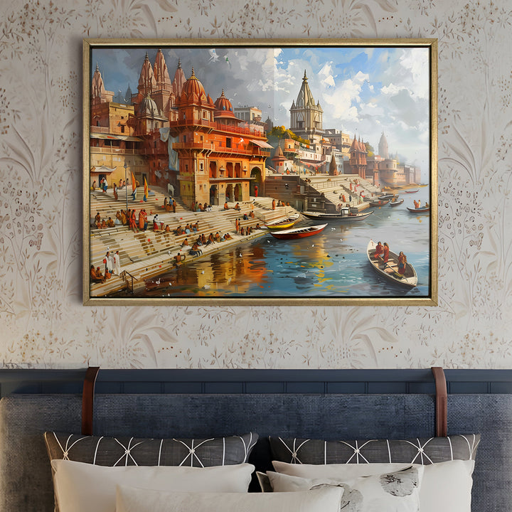 Banaras Ghats Painting Wall Art – Varanasi Riverfront with Golden Floater Frame – HD Print Large Canvas, Ready to Hang, Size: 3X4FT, (BAWA09)