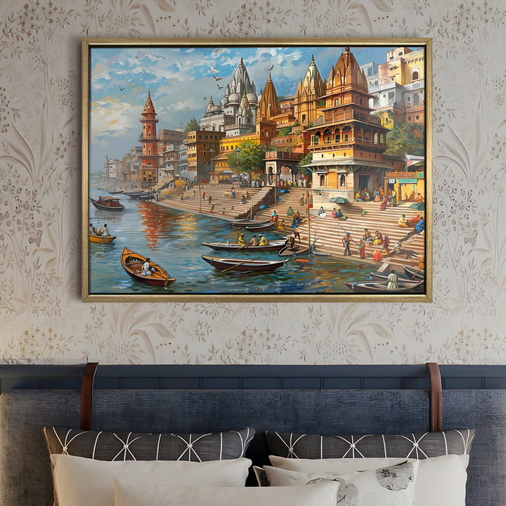 Banaras Ghats Painting Wall Art – Varanasi Riverfront with Golden Floater Frame – HD Print Large Canvas, Ready to Hang, Size: 3X4FT, (BAWA26)