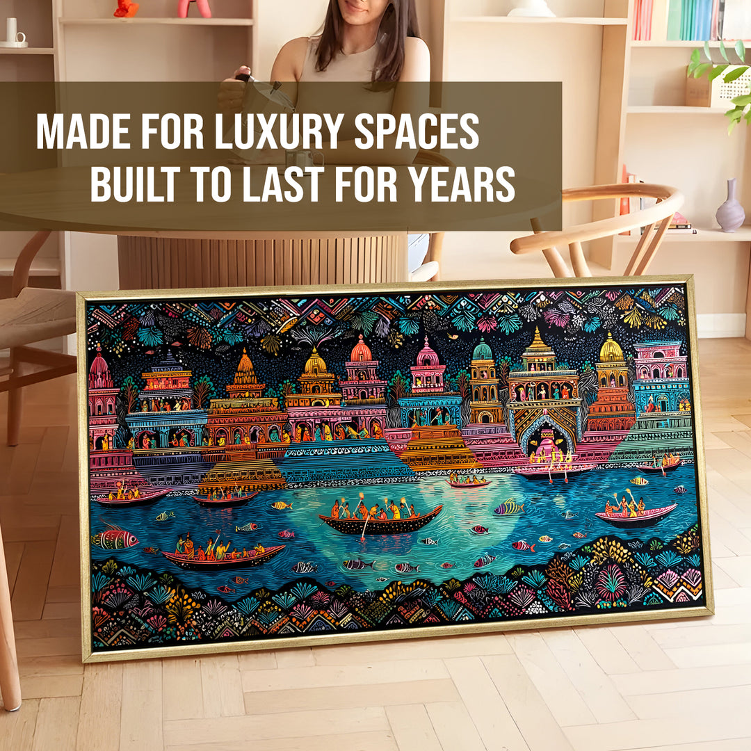 Banaras Ghats Painting Wall Art – Varanasi Riverfront with Golden Floater Frame – HD Print Large Canvas, Ready to Hang, Size: 2X4FT, (BAWA46)