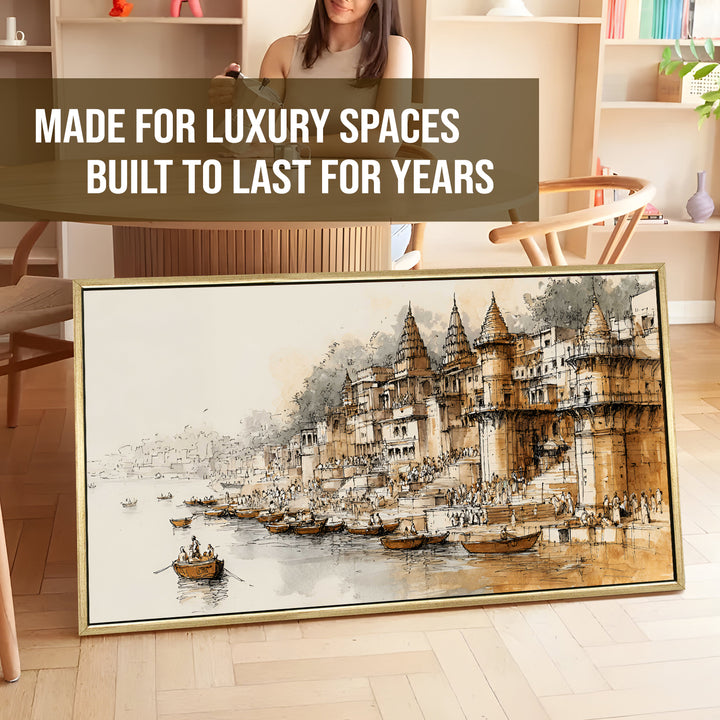 Banaras Ghats Painting Wall Art – Varanasi Riverfront with Golden Floater Frame – HD Print Large Canvas, Ready to Hang, Size: 2X4FT, (BAWA42)