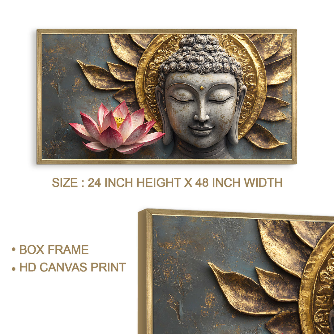 Buddha with Red Lotus Wall Art, HD Canvas Print, Golden Box Framed, Ready to Hang, (24 In x 48 In) (BDWA31)