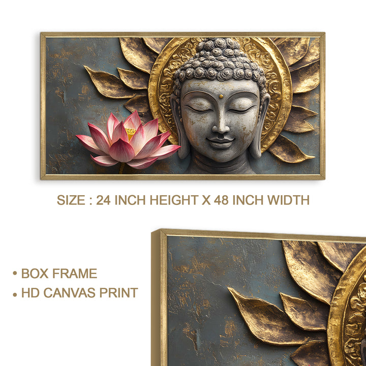 Buddha with Red Lotus Wall Art, HD Canvas Print, Golden Box Framed, Ready to Hang, (24 In x 48 In) (BDWA31)