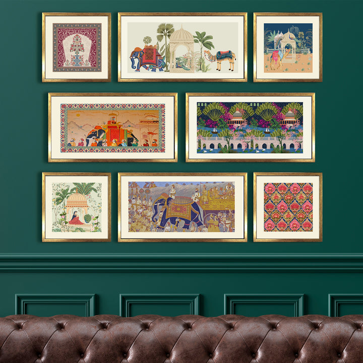 Royal Mughal Miniature Art – Set of 8 Acrylic Paintings in Golden Box Frames (MUGHAL-8F-01)