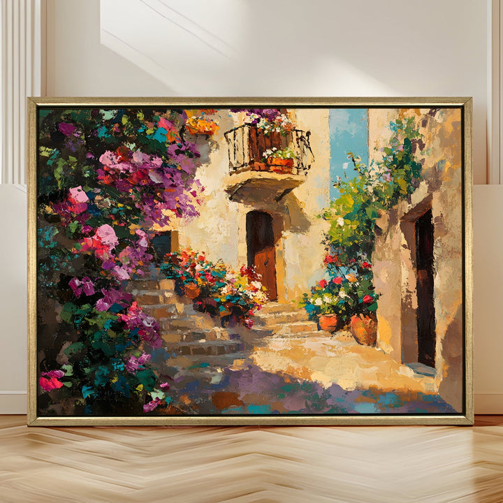 Narrow alley with balconies full of flowers Wall Art, HD Canvas Print, Golden Floater Framed, Ready to Hang, (36 In x 48 In) (CITY-WA-06)