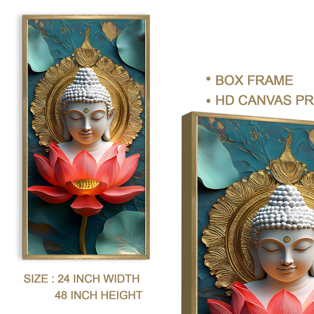 Buddha Portrait with Lotus Wall Art, HD Canvas Print, Golden Box Framed, Ready to Hang, (48 In x 24 In) (BDWA39)