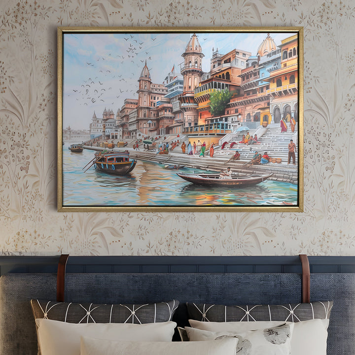 Banaras Ghats Painting Wall Art – Varanasi Riverfront with Golden Floater Frame – HD Print Large Canvas, Ready to Hang, Size: 3X4FT, (BAWA07)
