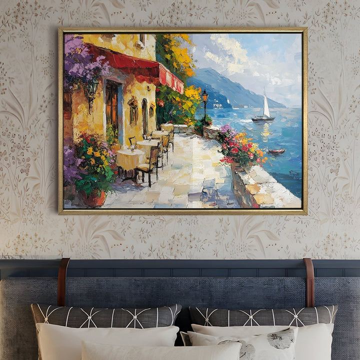 Seaside Italian restaurant terrace at golden hour Wall Art, HD Canvas Print, Golden Floater Framed, Ready to Hang, (36 In x 48 In) (CAFE-WA-13)