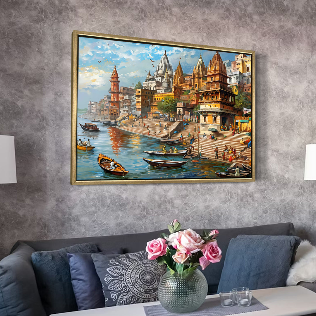 Banaras Ghats Painting Wall Art – Varanasi Riverfront with Golden Floater Frame – HD Print Large Canvas, Ready to Hang, Size: 3X4FT, (BAWA26)