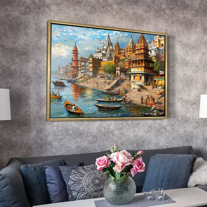 Banaras Ghats Painting Wall Art – Varanasi Riverfront with Golden Floater Frame – HD Print Large Canvas, Ready to Hang, Size: 3X4FT, (BAWA26)