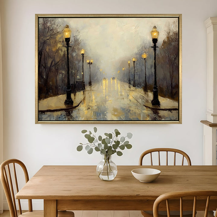 Foggy morning street with vintage lamp posts Wall Art, HD Canvas Print, Golden Floater Framed, Ready to Hang, (36 In x 48 In) (CITY-WA-08)