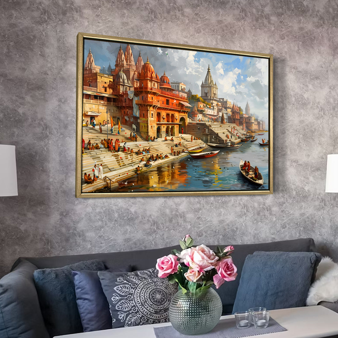 Banaras Ghats Painting Wall Art – Varanasi Riverfront with Golden Floater Frame – HD Print Large Canvas, Ready to Hang, Size: 3X4FT, (BAWA09)
