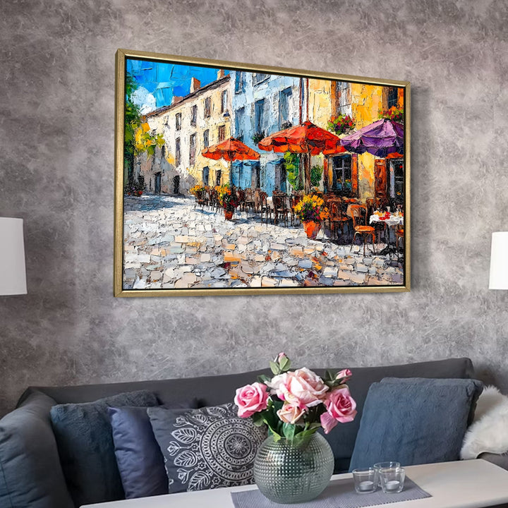Cobblestone market square in southern France Wall Art, HD Canvas Print, Golden Floater Framed, Ready to Hang, (36 In x 48 In) (CAFE-WA-17)