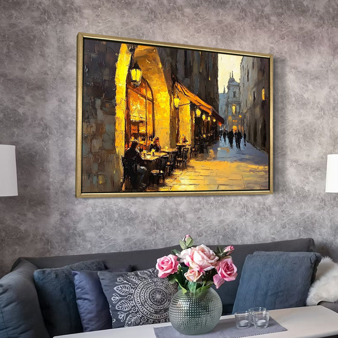 Sunset view from a rooftop bistro in Barcelona Wall Art, HD Canvas Print, Golden Floater Framed, Ready to Hang, (36 In x 48 In) (CAFE-WA-11)