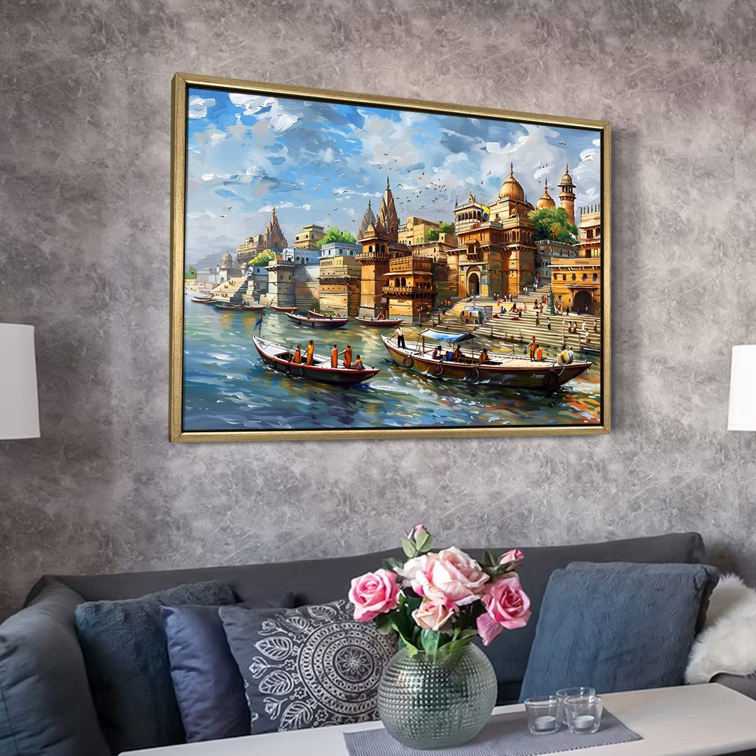 Banaras Ghats Painting Wall Art – Varanasi Riverfront with Golden Floater Frame – HD Print Large Canvas, Ready to Hang, Size: 3X4FT, (BAWA17)