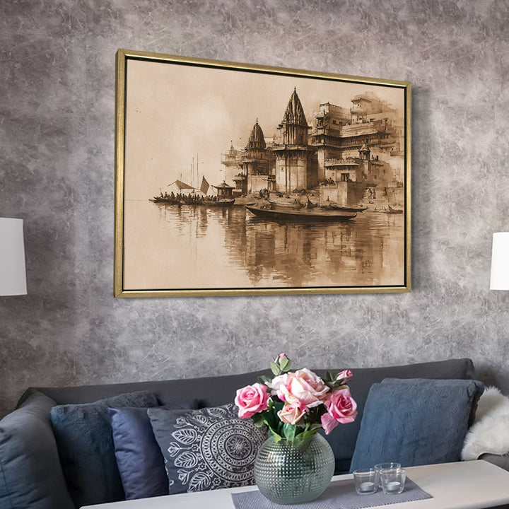 Banaras Ghats Painting Wall Art – Varanasi Riverfront with Golden Floater Frame – HD Print Large Canvas, Ready to Hang, Size: 3X4FT, (BAWA08)
