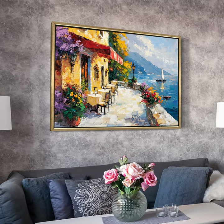 Seaside Italian restaurant terrace at golden hour Wall Art, HD Canvas Print, Golden Floater Framed, Ready to Hang, (36 In x 48 In) (CAFE-WA-13)