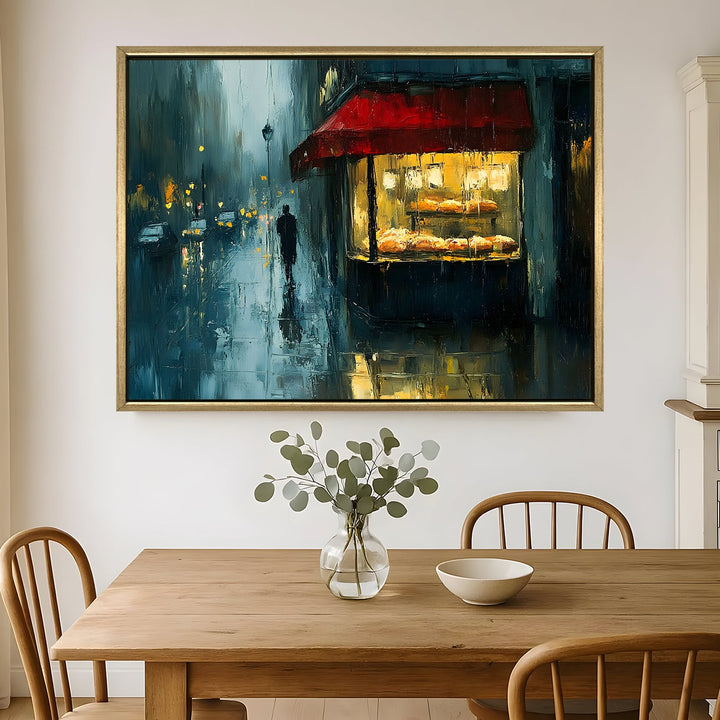 Rain-soaked bakery with reflections on pavement Wall Art, HD Canvas Print, Golden Floater Framed, Ready to Hang, (36 In x 48 In) (CAFE-WA-02)