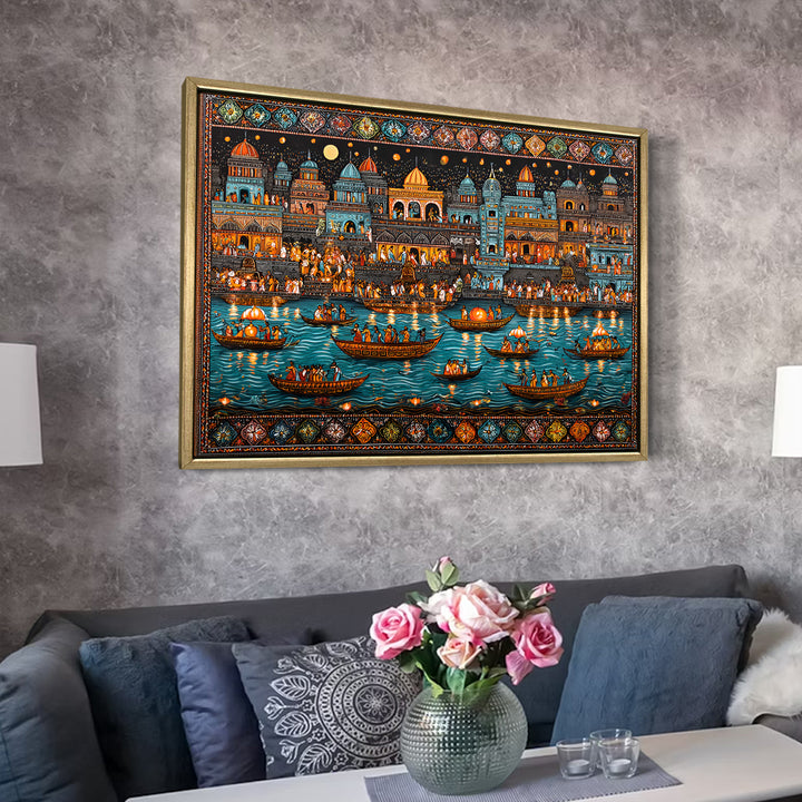 Banaras Ghats Painting Wall Art – Varanasi Riverfront with Golden Floater Frame – HD Print Large Canvas, Ready to Hang, Size: 3X4FT, (BAWA20)